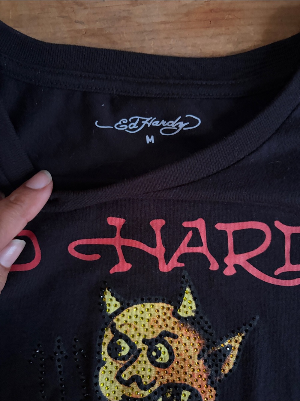 Ed Hardy Cropped Baby Tee with Yellow Devil and Red Logo - Picture 3 of 4